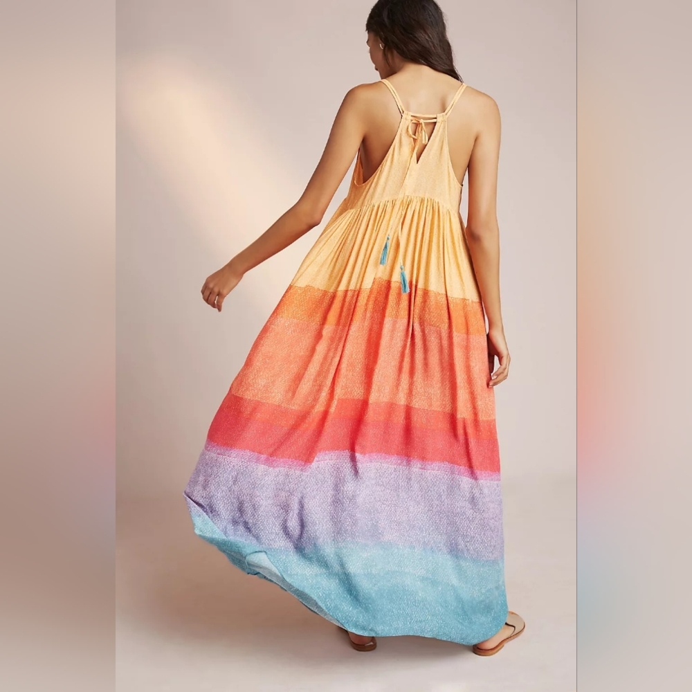 Anthropologie Yellow Orange Red Purple Blue Ombre Maxi Dress - Picture 3 of 9